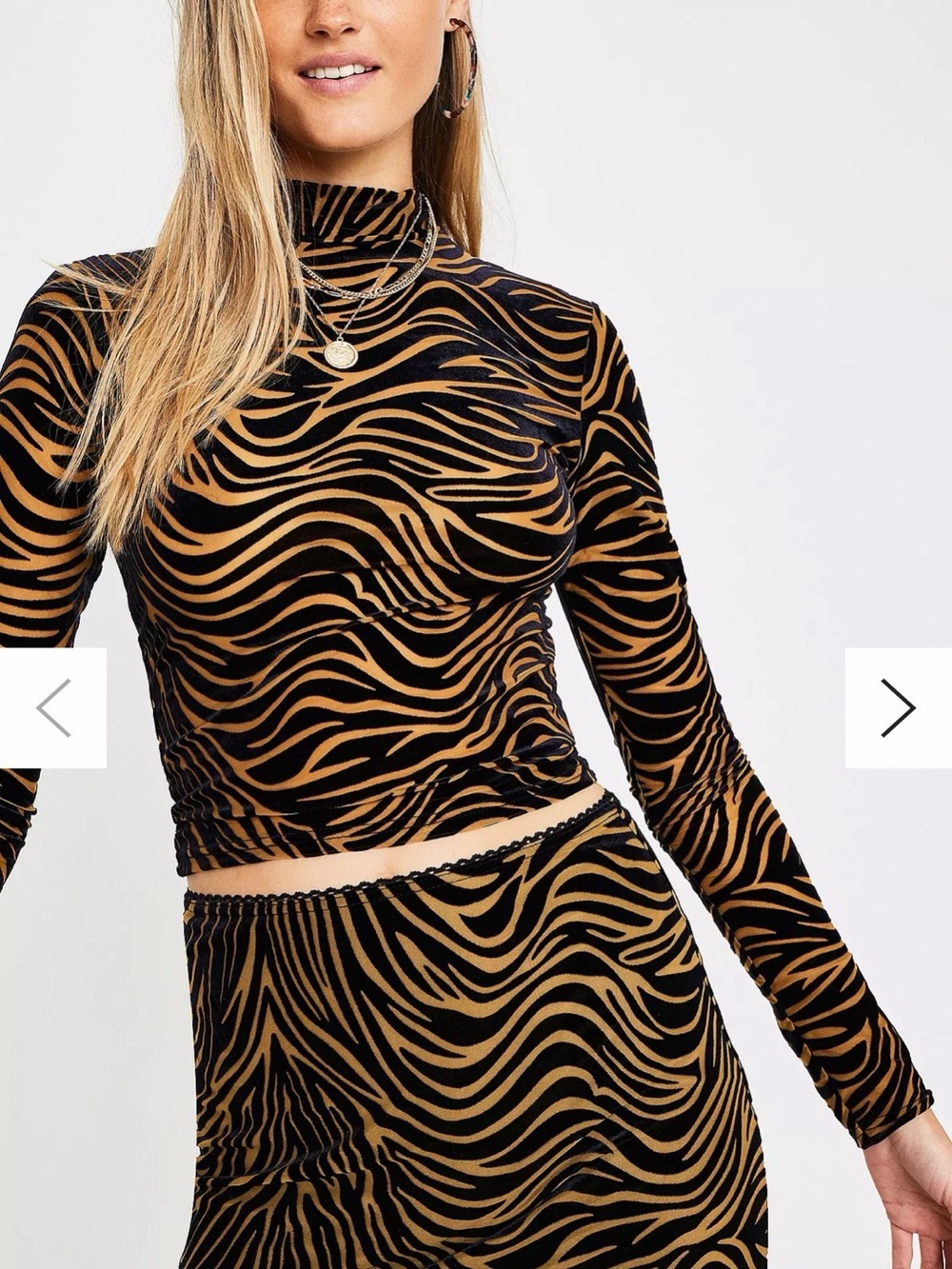 Urban Outfitters Black/Tan Velvet Long-Sleeve Mock Neck Tiger Print Top